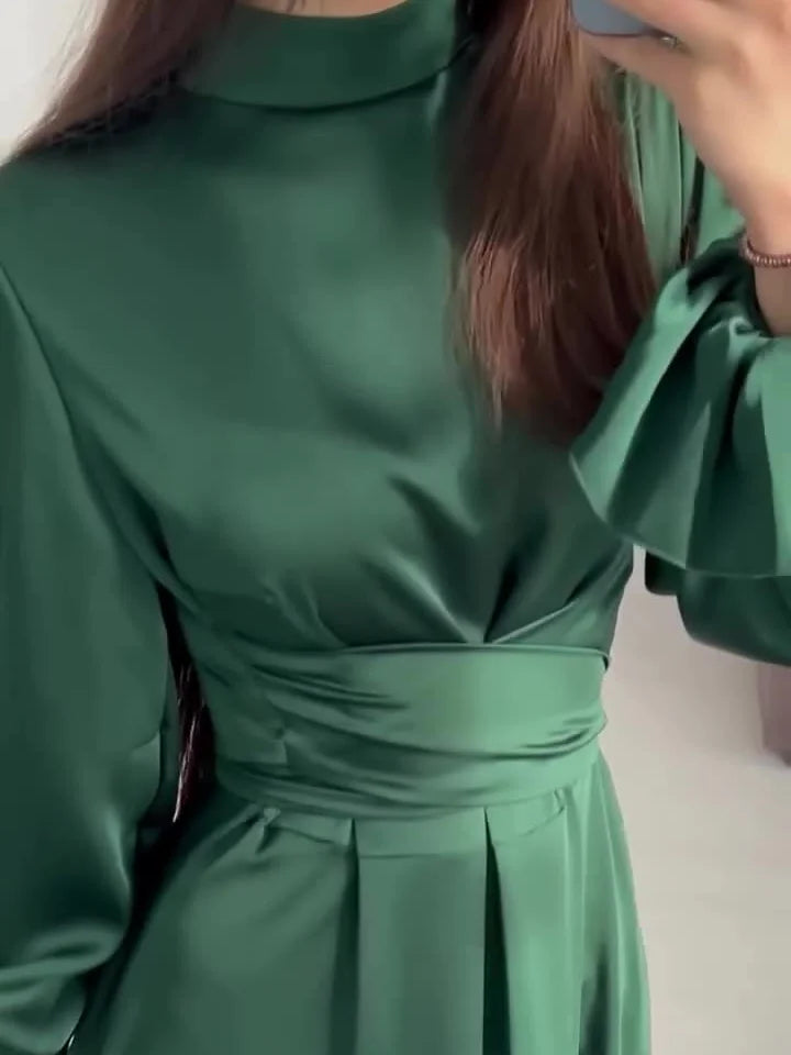 Abito da sera Donna in Raso Lungo Trapezio Maniche Lunghe Sbuffo