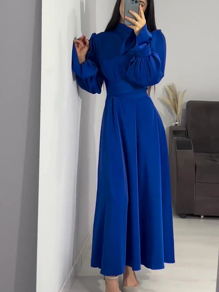 Abito da sera Donna in Raso Lungo Trapezio Maniche Lunghe Sbuffo