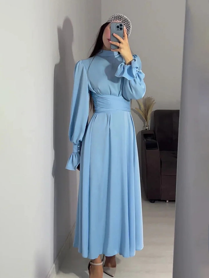Abito da sera Donna in Raso Lungo Trapezio Maniche Lunghe Sbuffo