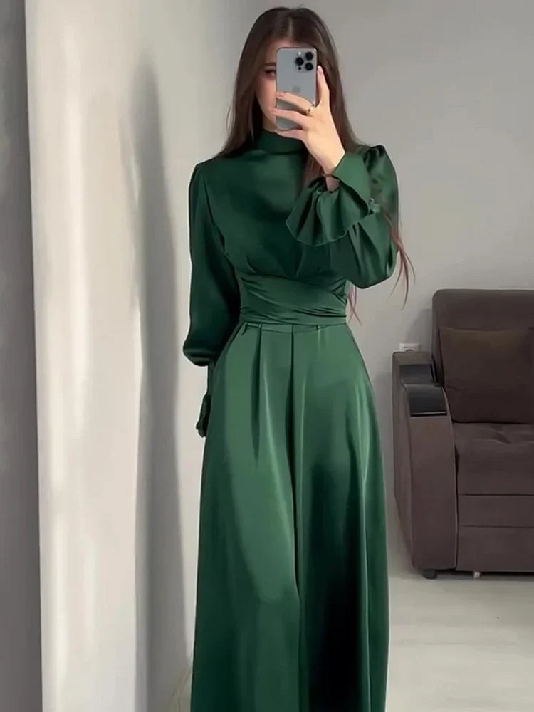 Abito da sera Donna in Raso Lungo Trapezio Maniche Lunghe Sbuffo