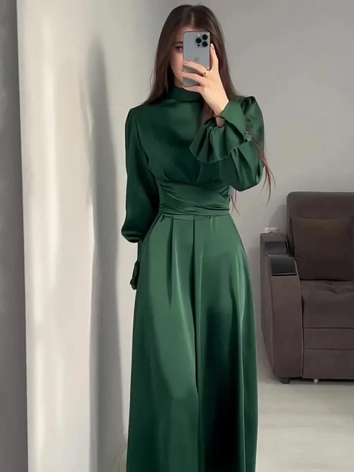 Abito da sera Donna in Raso Lungo Trapezio Maniche Lunghe Sbuffo