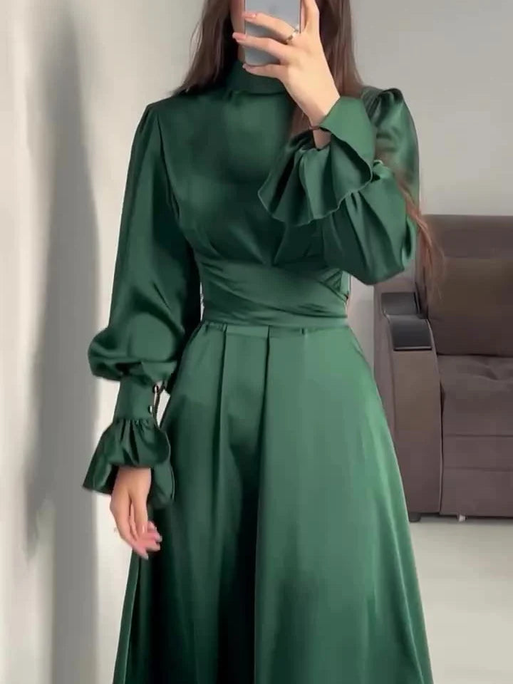 Abito da sera Donna in Raso Lungo Trapezio Maniche Lunghe Sbuffo