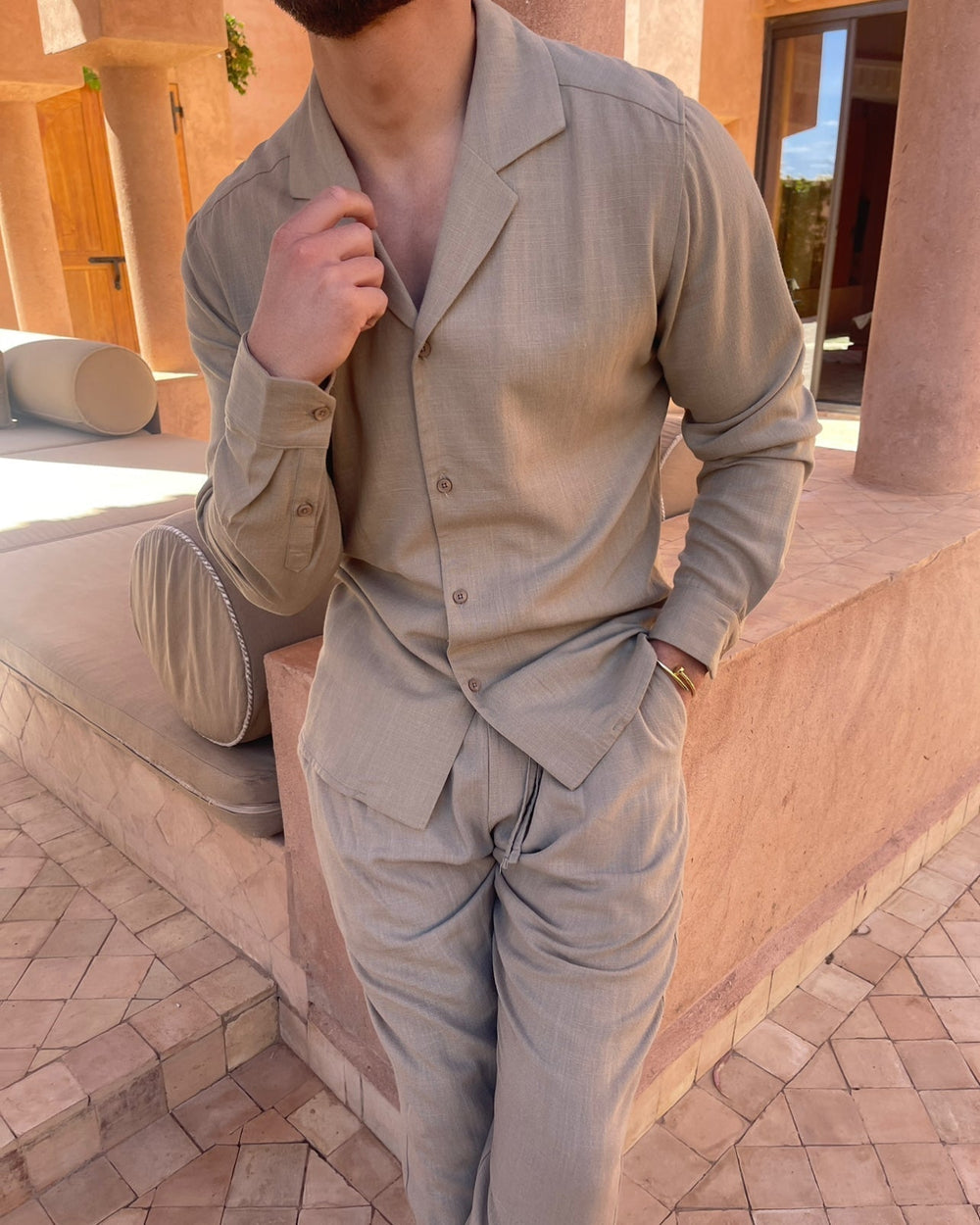 Seron | Set Uomo Lino Camicia Pantaloni Manica Lunga Coulisse 1