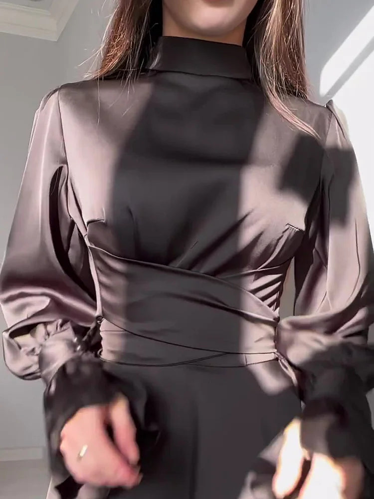 Abito da sera Donna in Raso Lungo Trapezio Maniche Lunghe Sbuffo