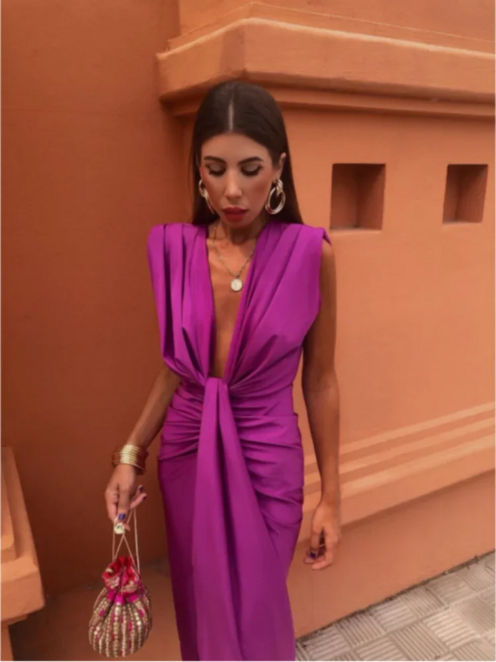 Abito da Festa Donna in Raso Elegante Scollo Classico