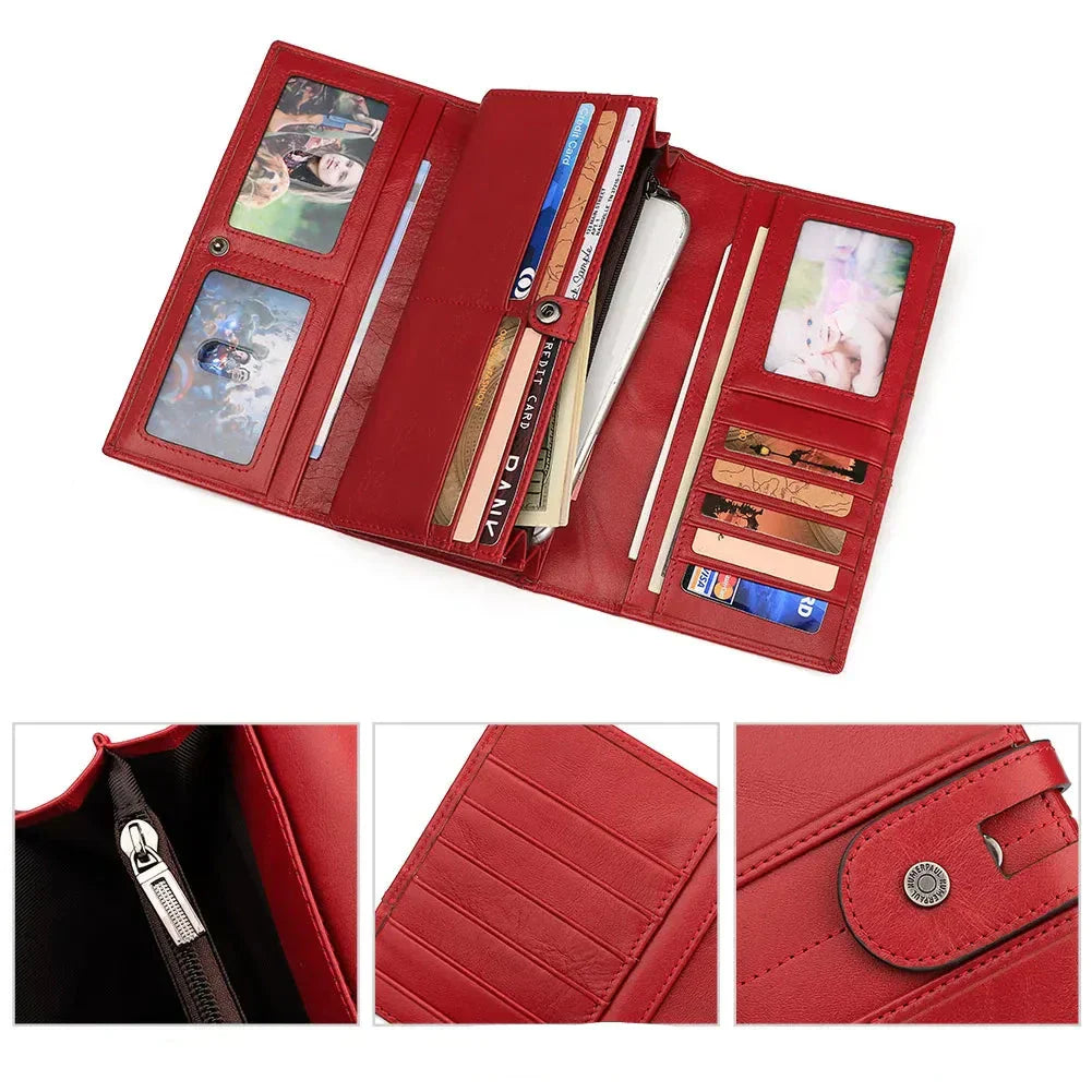 Portafoglio donna in pelle rossa, con scomparti per carte di credito, foto e banconote. Design elegante e funzionale, ideale per uso quotidiano.
