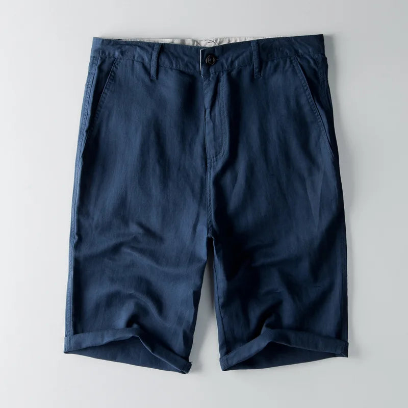 Pantaloncini bermuda blu scuro da uomo, cotone, tasche laterali, chiusura a bottone, stile casual estivo.
