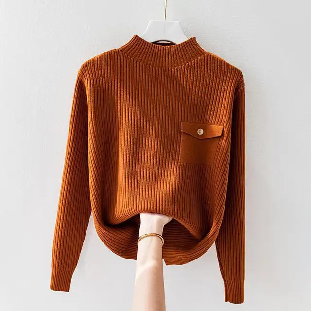 Maglione Donna a Collo Alto Maglia a Coste Maniche Lunghe Comodo