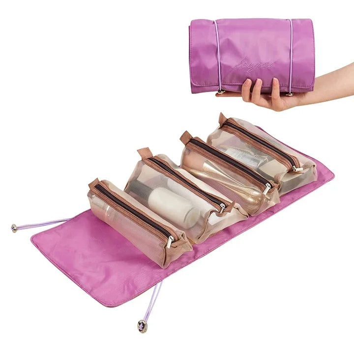 Astuccio da viaggio rosa con scomparti trasparenti per cosmetici, arrotolabile e portatile. Ideale per organizzare trucchi e accessori.