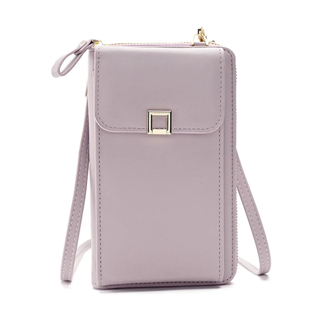 Borsa a tracolla in pelle sintetica lilla, design compatto con chiusura a bottone, ideale per smartphone e accessori. Elegante e pratica.