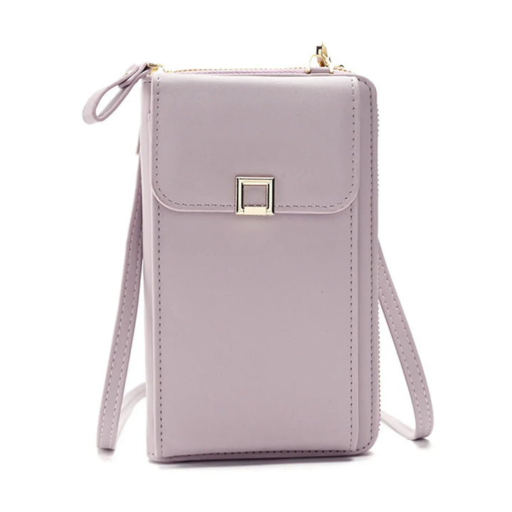 Borsa a tracolla in pelle sintetica lilla, design compatto con chiusura a bottone, ideale per smartphone e accessori. Elegante e pratica.