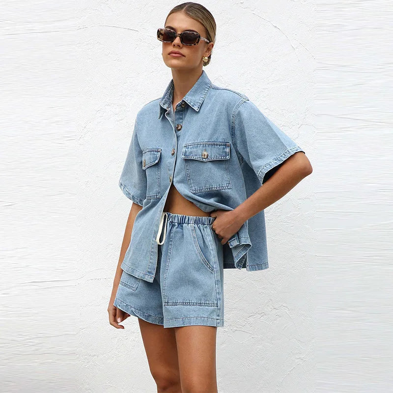 Set Estivo Donna Camicia Cotone Shorts Vita Elastica
