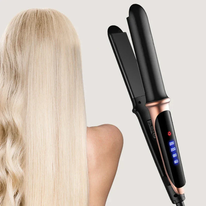 Piastra per capelli professionale con display digitale, temperatura regolabile, design nero e oro, ideale per lisciare e arricciare capelli biondi.