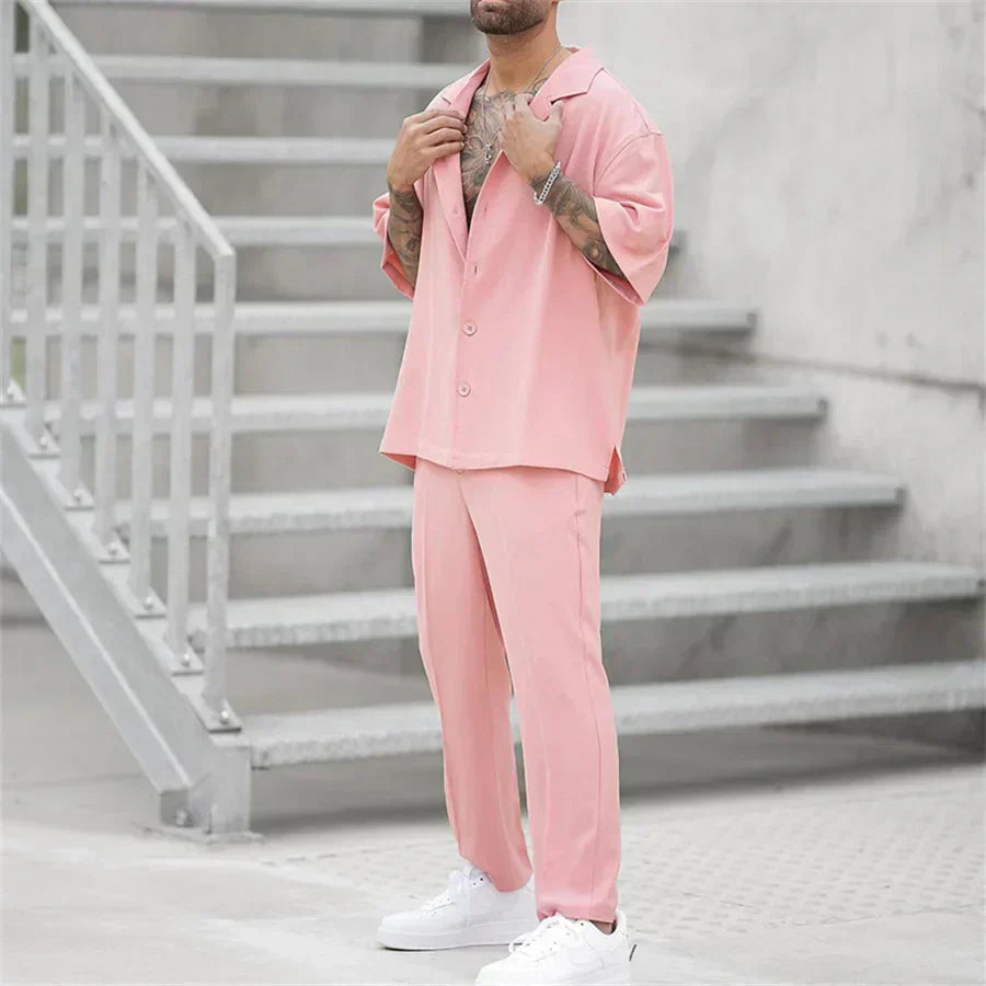 Completo Estivo Uomo Camicia Cotone Pantaloni Dritti