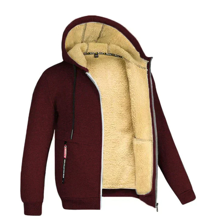 Giacca con cappuccio invernale da uomo, colore bordeaux, interno in pelliccia sintetica beige, chiusura a zip, tasche laterali, moda casual calda.