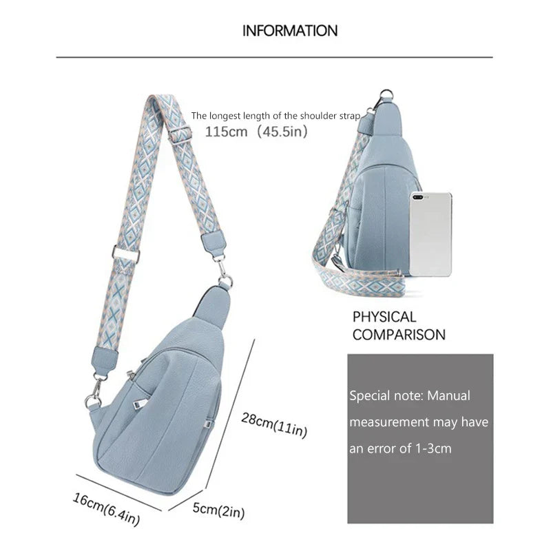 Zaino monospalla blu chiaro con tracolla regolabile, tasca frontale, dimensioni 28x16x5 cm, ideale per smartphone, design elegante e pratico.