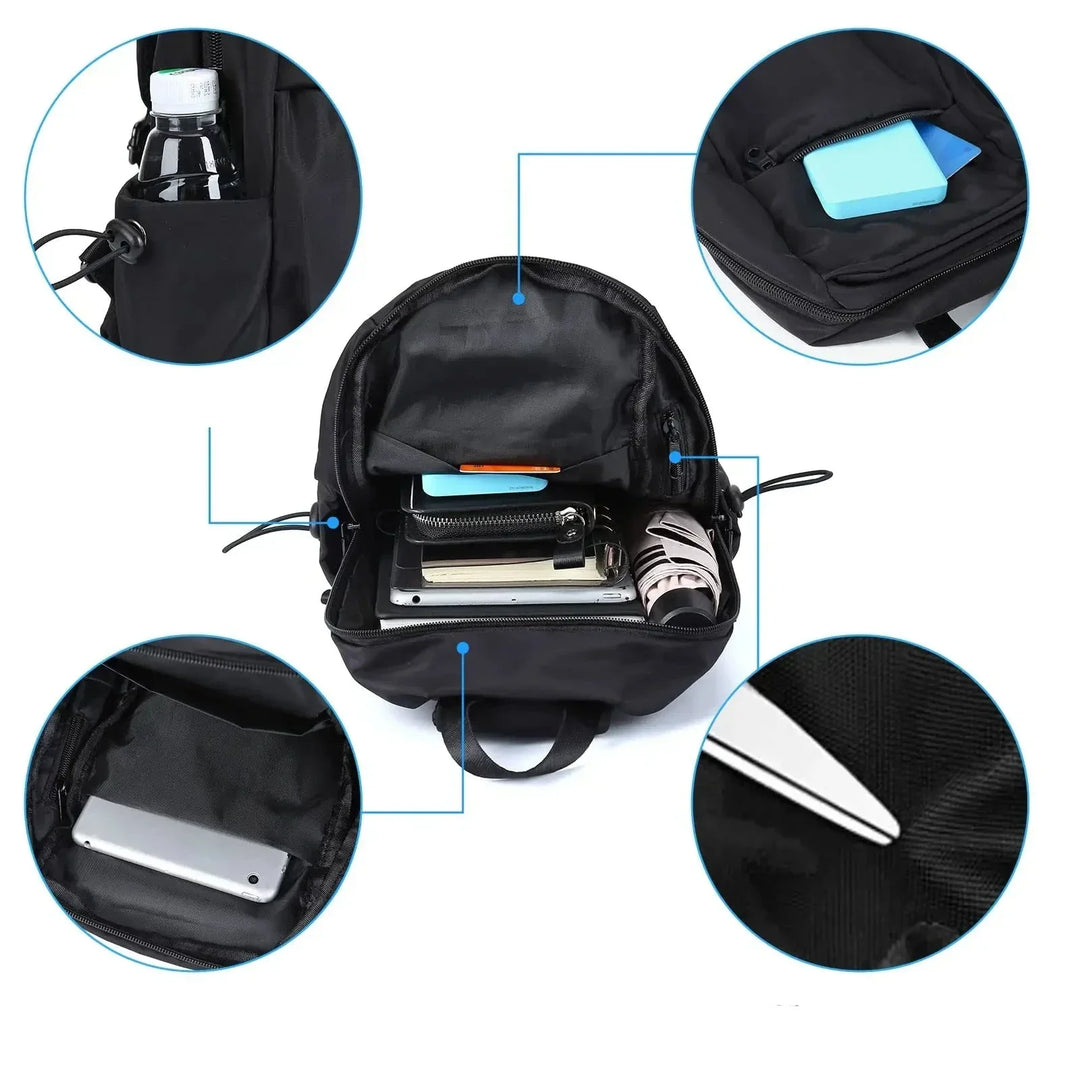 Zaino nero multifunzione con tasche multiple, bottiglia d'acqua, tablet, portafoglio e penna. Ideale per scuola, lavoro e viaggio.
