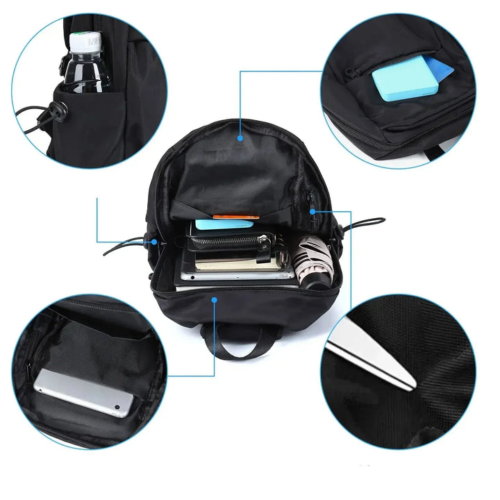 Zaino nero multifunzione con tasche multiple, bottiglia d'acqua, tablet, portafoglio e penna. Ideale per scuola, lavoro e viaggio.