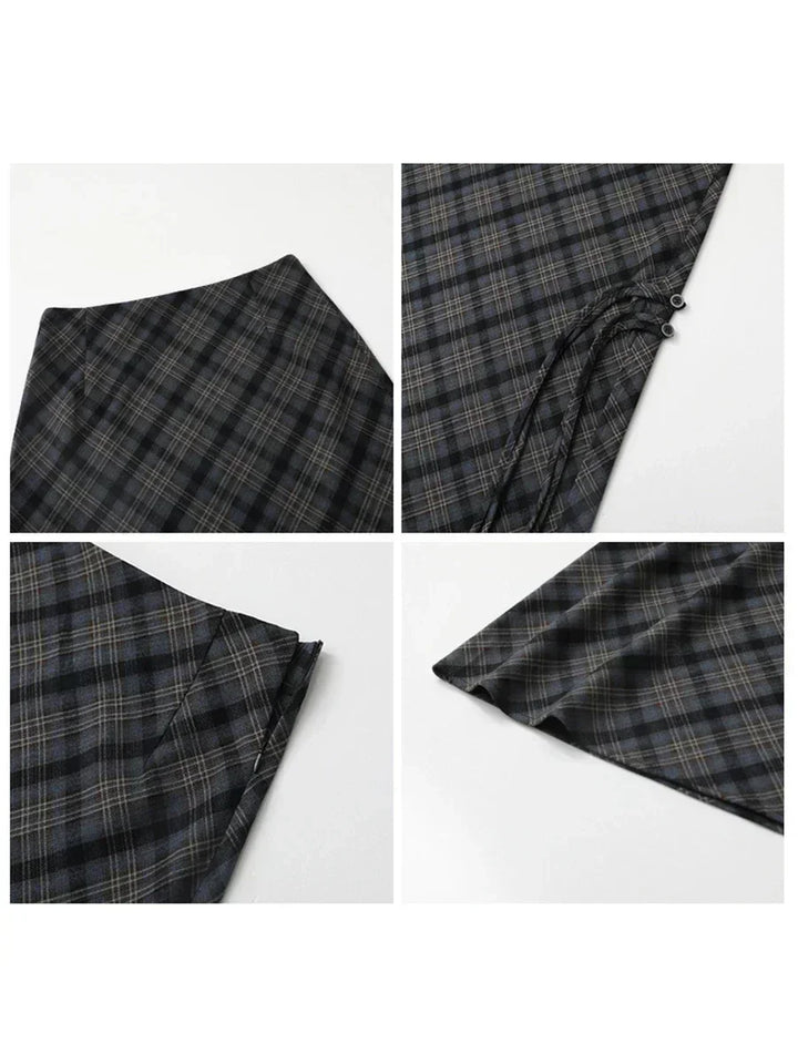 Gonna a quadri grigia e nera, dettagliata in quattro immagini. Design elegante, tessuto a quadri, ideale per moda autunnale e invernale.