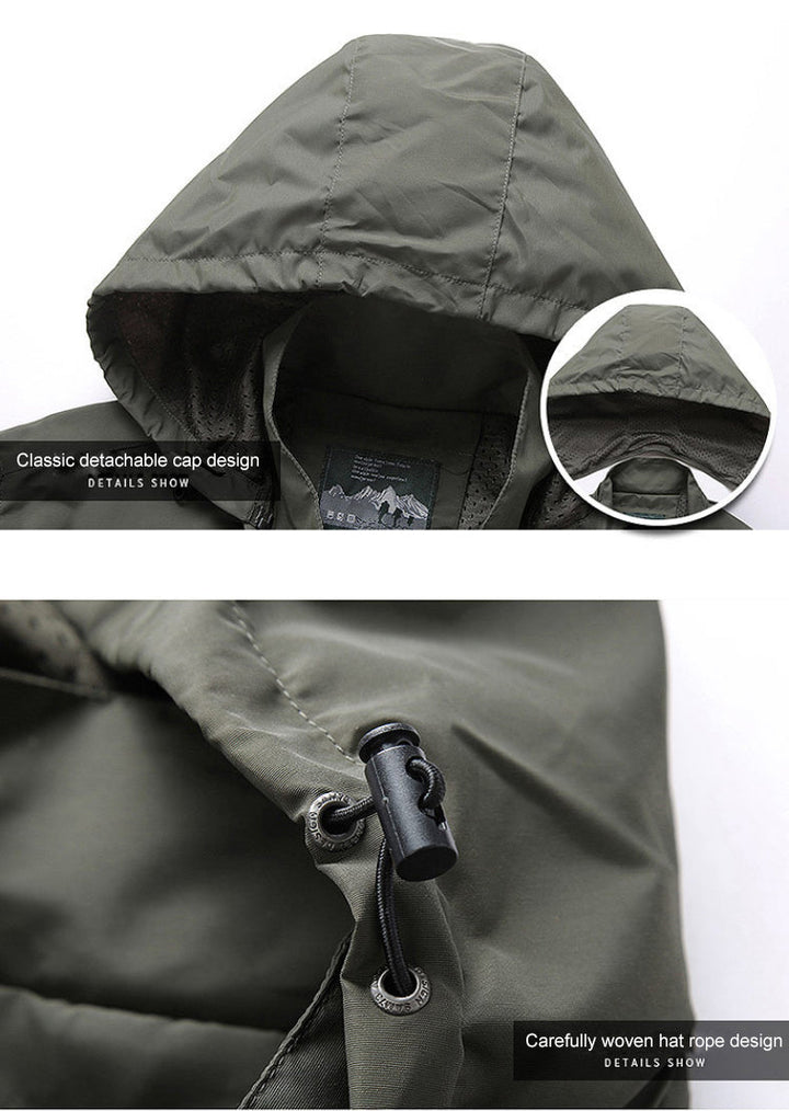 Giacca impermeabile verde con cappuccio staccabile, design classico, cordino regolabile. Ideale per outdoor, trekking, escursionismo.