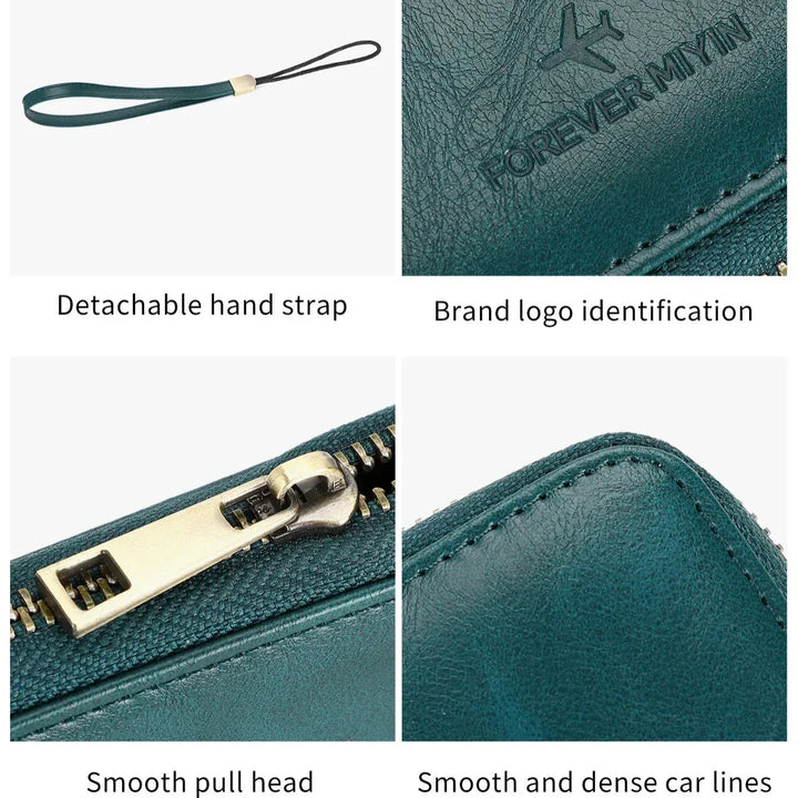 Portafoglio in pelle verde con cerniera dorata, logo "FOREVER MIYIN", cinturino staccabile, cuciture precise. Accessorio moda elegante e funzionale.