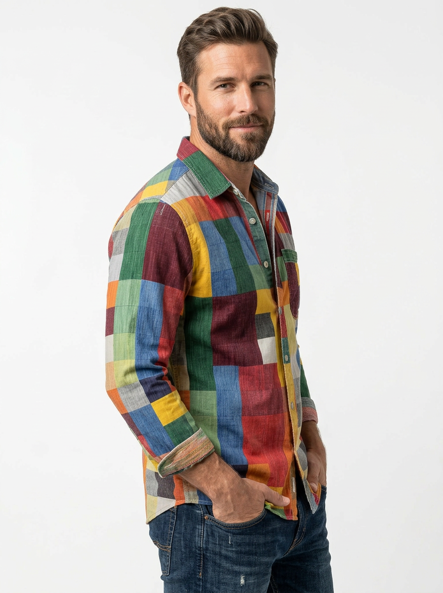 Shiveco | Camicia Uomo Relaxed Fit Colourblock Patchwork Manica Lunga 1