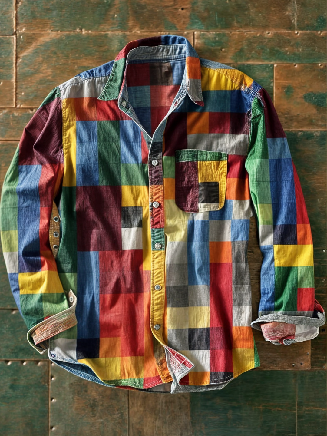 Shiveco | Camicia Uomo Relaxed Fit Colourblock Patchwork Manica Lunga 3