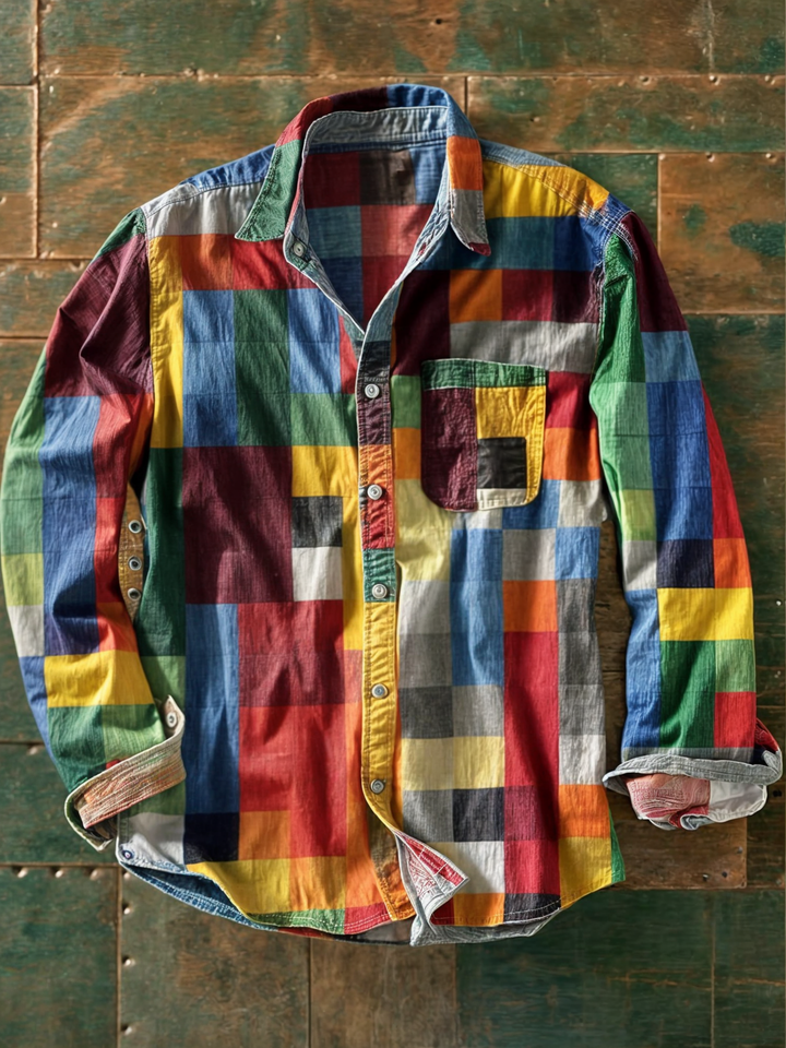 Shiveco | Camicia Uomo Relaxed Fit Colourblock Patchwork Manica Lunga 3