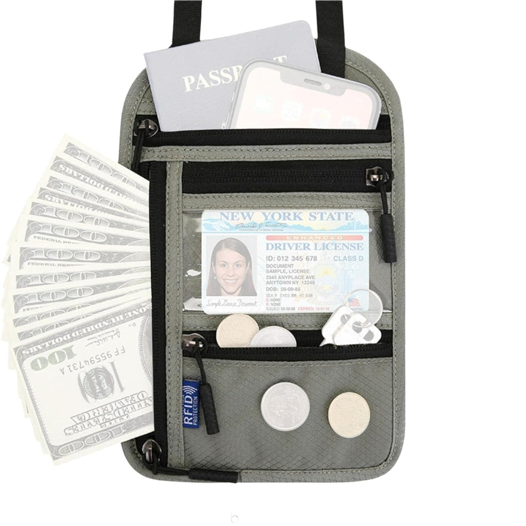 Porta passaporto grigio con tasche multiple, contenente passaporto, smartphone, patente di guida, banconote da 100 dollari e monete. Accessorio da viaggio sicuro.