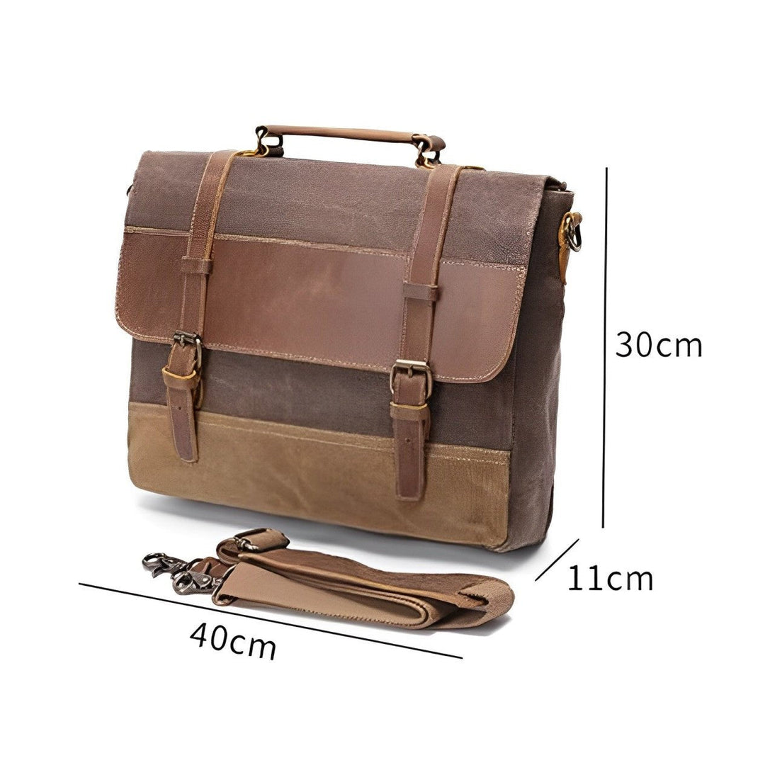 Borsa messenger in tela e pelle marrone, dimensioni 40x30x11 cm, con tracolla regolabile. Design vintage, ideale per lavoro e scuola.