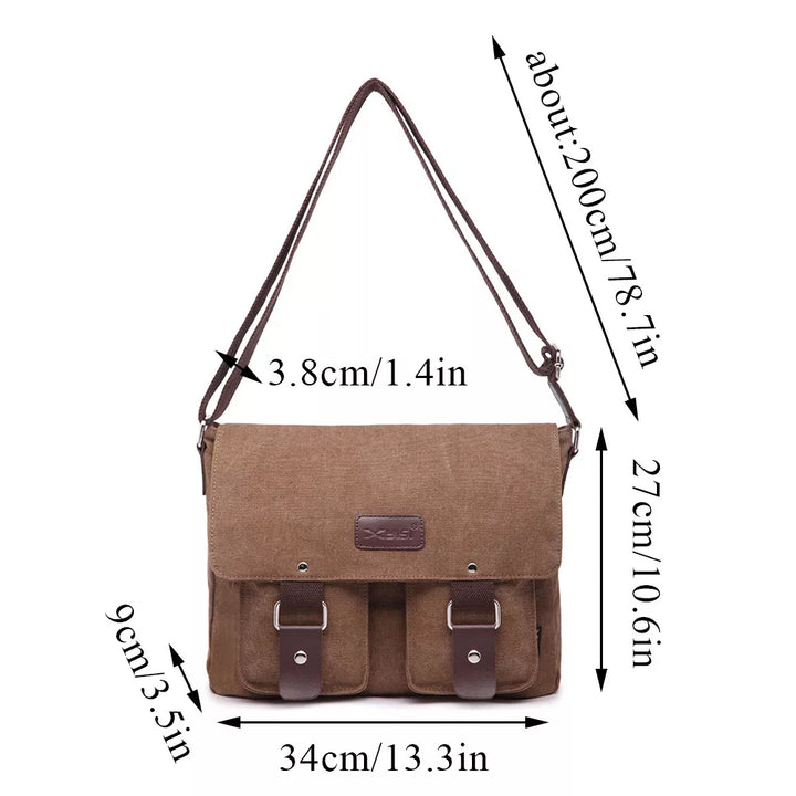 Borsa a tracolla in tela marrone, dimensioni 34x27x9 cm, con doppia fibbia e tracolla regolabile. Design casual, ideale per uomo e donna.