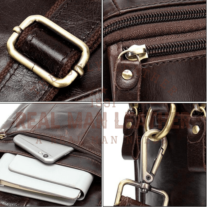 Borsa a tracolla in pelle marrone con fibbia in metallo, cerniera robusta, tasca per smartphone e gancio resistente. Accessorio moda uomo elegante.