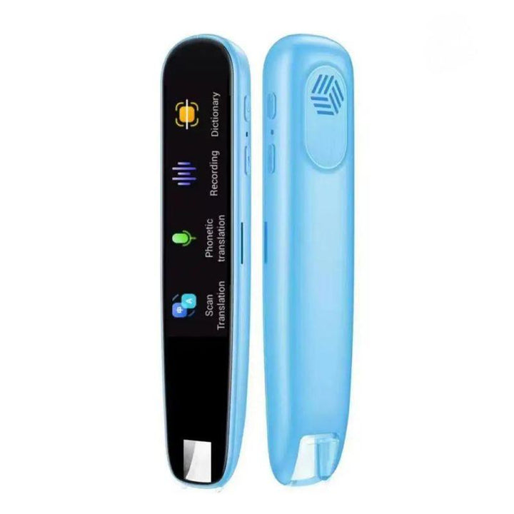 Penna traduttore elettronico blu con schermo digitale, funzioni di traduzione vocale e scansione testo. Dispositivo portatile per lingue.