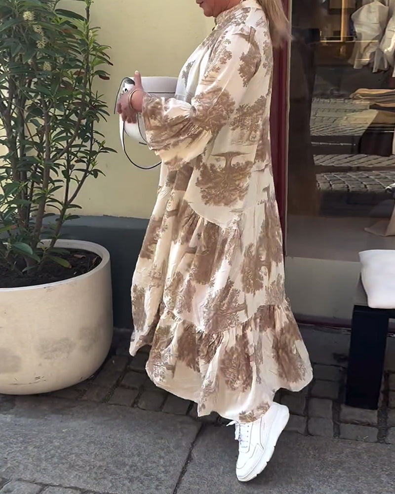 Abito Lungo Donna Stampato Maniche Arricciate Vestibilità Ampia