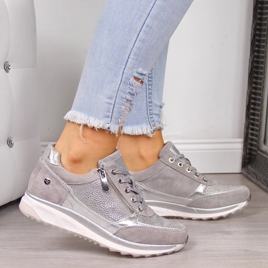 Sneakers Donna Tessuto Morbido Suola Gomma Lacci Comode - Vesarelli
