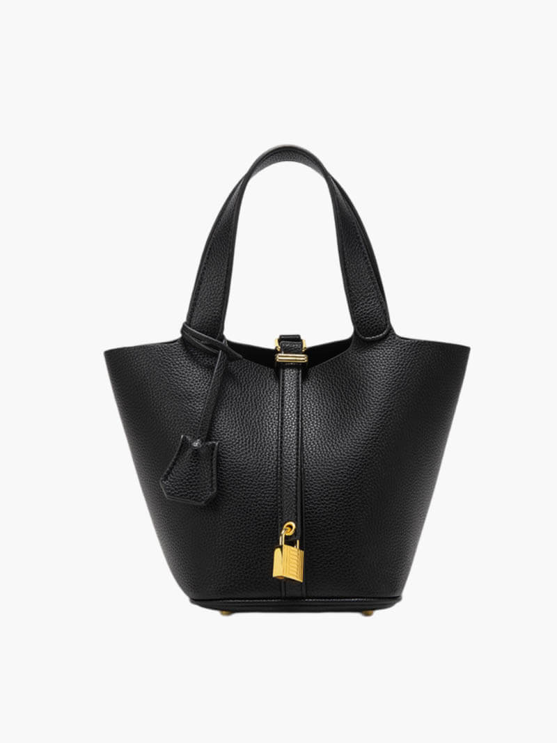 Borsa a mano nera in pelle con chiusura a lucchetto dorato, design elegante e moderno, ideale per moda femminile e accessori di lusso.