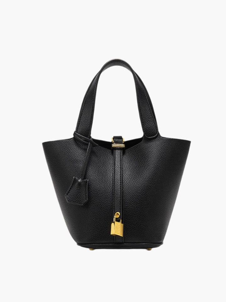 Borsa a mano nera in pelle con chiusura a lucchetto dorato, design elegante e moderno, ideale per moda femminile e accessori di lusso.