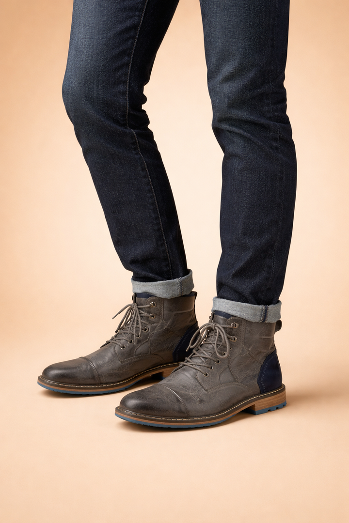 Stivali Stringati Uomo Pelle Stile Vintage