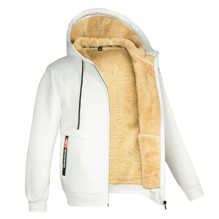 Giacca invernale bianca con cappuccio, interno in pelliccia sintetica beige, zip frontale, tasche laterali. Abbigliamento caldo e alla moda.