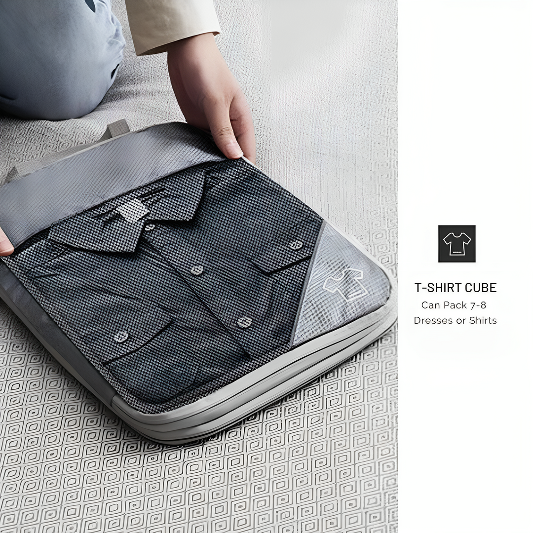 Cubo organizer per magliette, grigio, con capacità di 7-8 camicie. Design compatto, ideale per viaggi e organizzazione valigia.