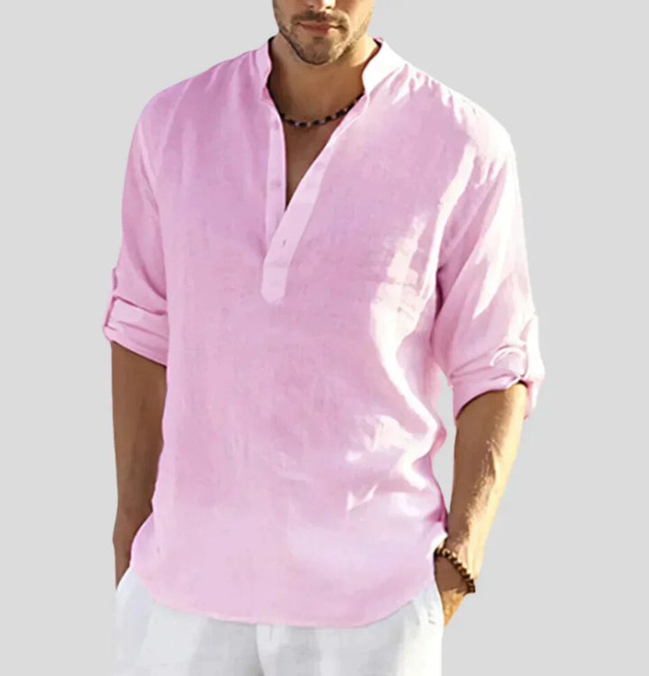Camicia uomo in lino rosa, maniche lunghe, colletto alla coreana, stile casual estivo. Ideale per look eleganti e rilassati.