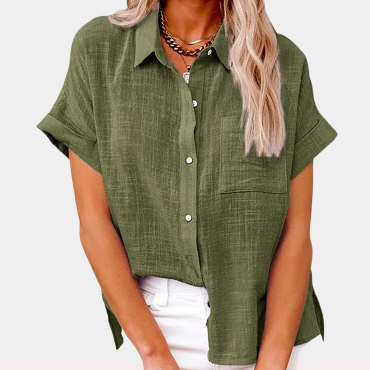 Camicia Donna Misto Lino Maniche Corte Casual Bottoni