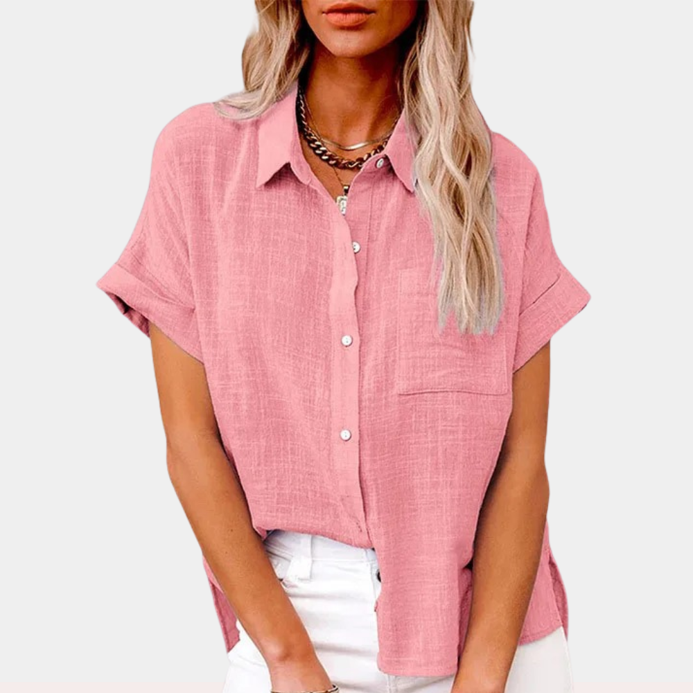 Camicia Donna Misto Lino Maniche Corte Casual Bottoni - Vesarelli