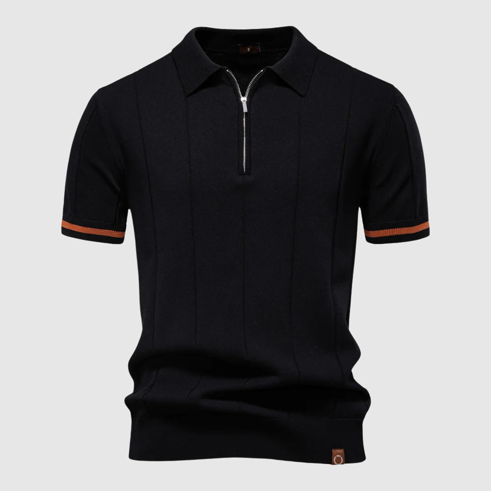 Polo Uomo Zip Manica Corta Tessuto Tecnico Rigato