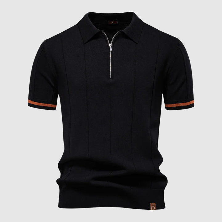 Polo Uomo Zip Manica Corta Tessuto Tecnico Rigato