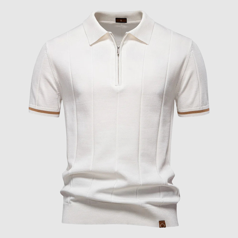 Polo Uomo Zip Manica Corta Tessuto Tecnico Rigato