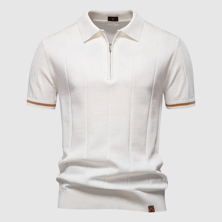 Polo Uomo Zip Manica Corta Tessuto Tecnico Rigato