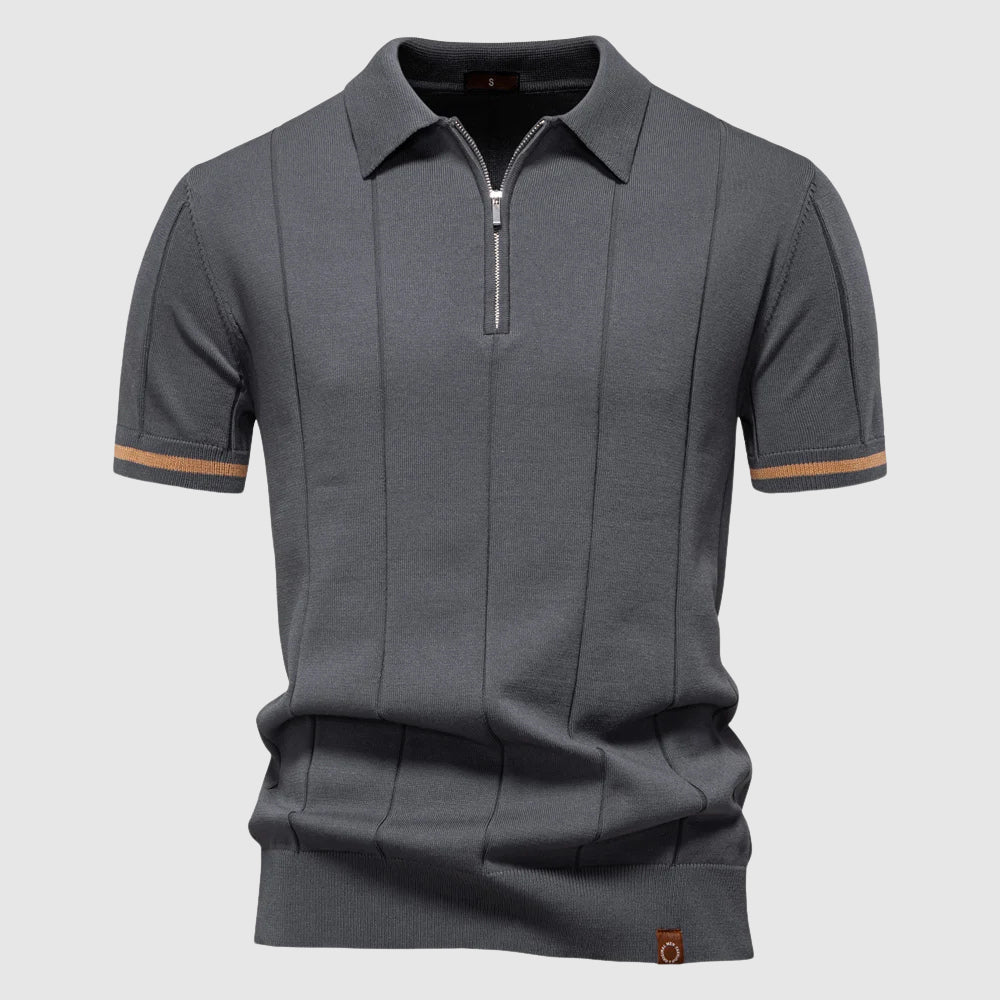 Polo Uomo Zip Manica Corta Tessuto Tecnico Rigato