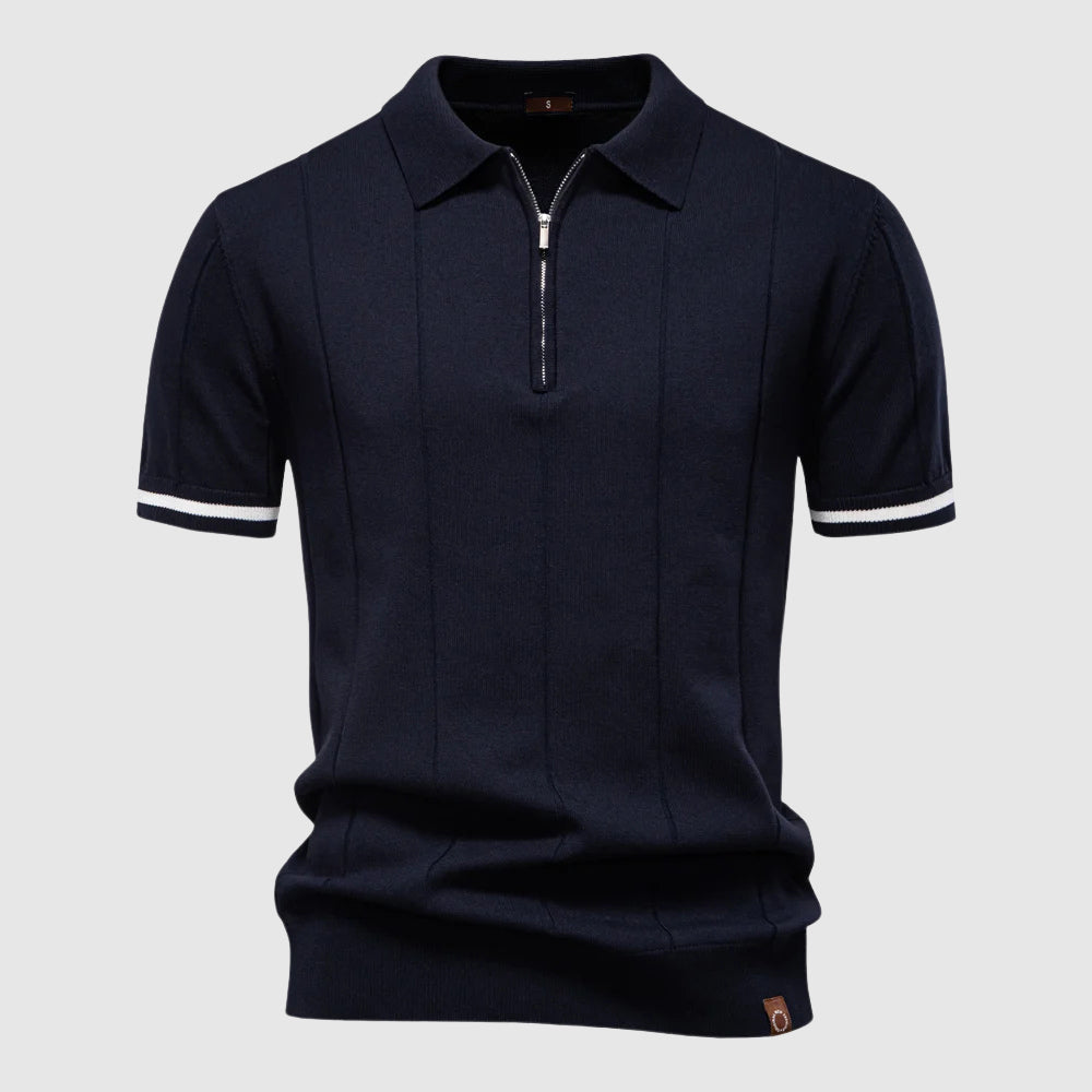 Polo Uomo Zip Manica Corta Tessuto Tecnico Rigato