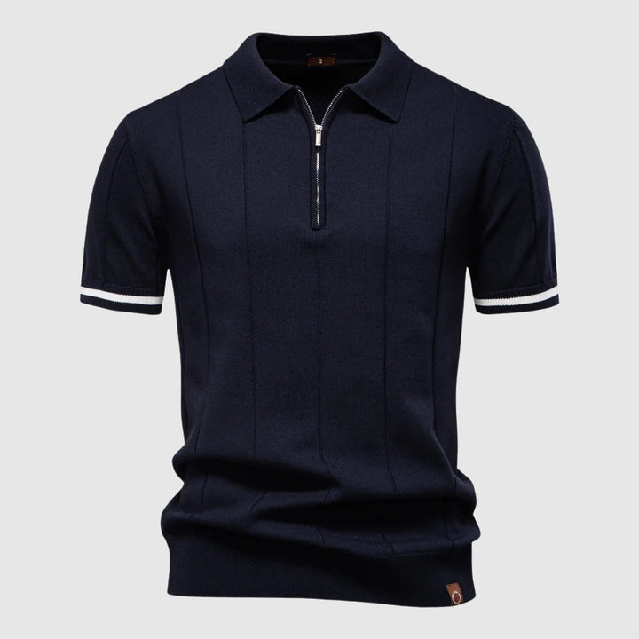 Polo Uomo Zip Manica Corta Tessuto Tecnico Rigato